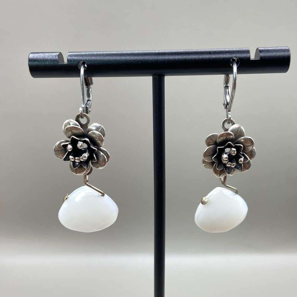 Silver Rose White Chalcedony Dangle Earrings